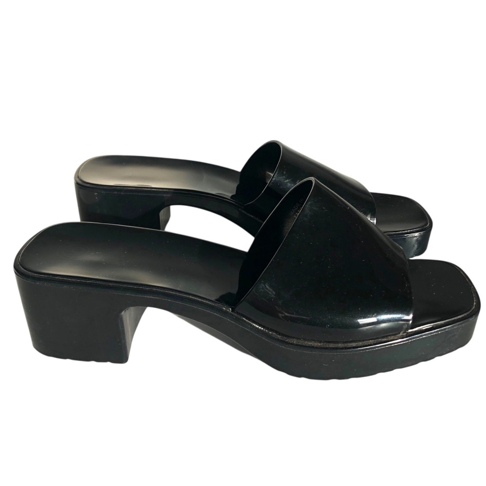 URBAN OUTFITTERS Black PVC Open Toe Slip On Sandal Block Heels Size 9